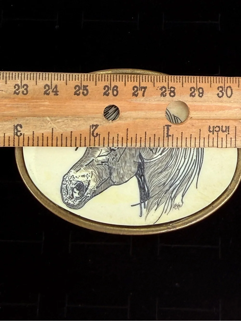 Vintage Solid Brass Western Horse Portrait Plaque in Cream Belt Buckle